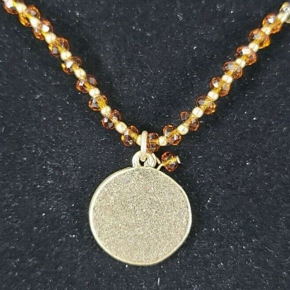 Coldwater Creek Necklace Yellow & Gold Tone Beaded Stamped Floral Pendant 19" - Picture 5 of 10